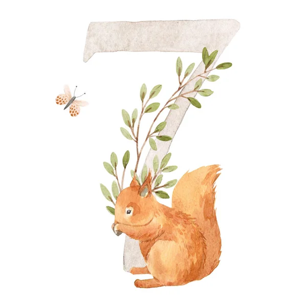 Mooie stock illustratie met aquarel hand getrokken nummer 7 en schattige eekhoorn dier voor baby clip art. Zeven maanden, jaren.. — Stockfoto