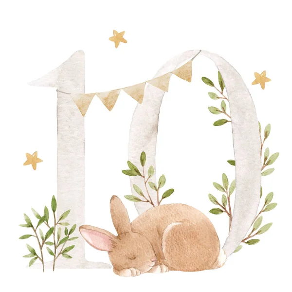 Krásná stock ilustrace s akvarelem ručně kreslené číslo 10 a roztomilé spací králík zvíře pro dítě klip art. Deset měsíců, let. — Stock fotografie