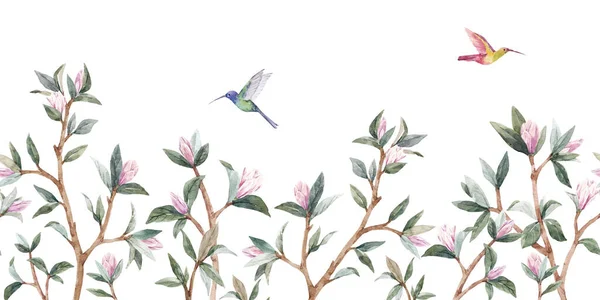 優しい手描きの若いマグノリアの花と美しい水平シームレスなパターン。ストックイラスト. — ストック写真