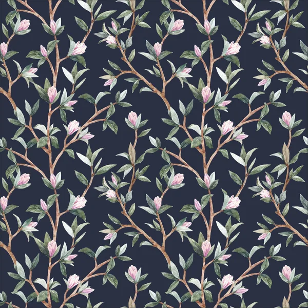 Piękny bezszwowy wzór z delikatnymi ręcznie rysowane młode kwiaty magnolii. Ilustracja. — Zdjęcie stockowe
