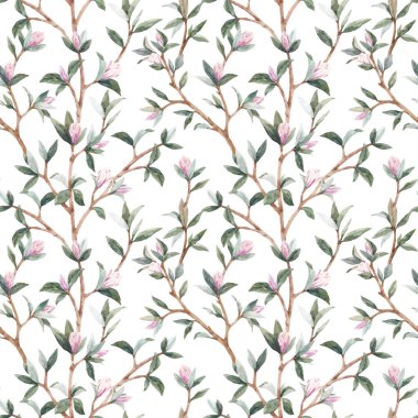 Nazik genç manolya çiçekleriyle kusursuz bir desen. Stok illüstrasyonu.