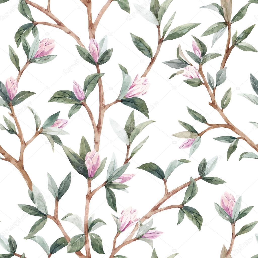 Beautiful seamless pattern with gentle young magnolia flowers. Stock illustration.