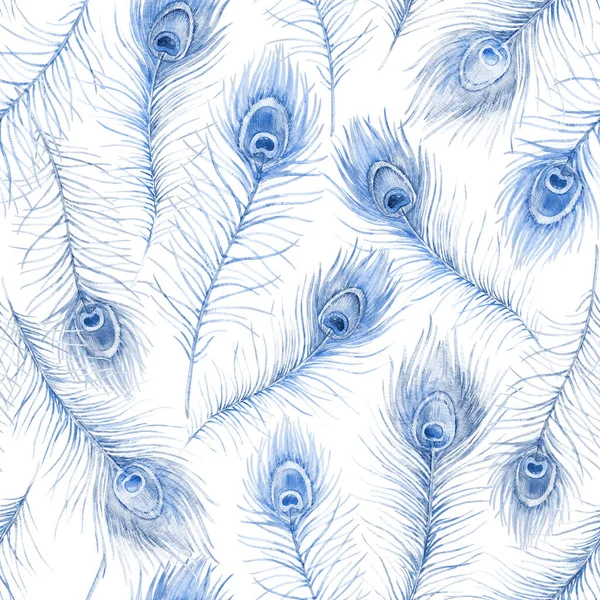Hermoso patrón sin costura con acuarela dibujado a mano plumas de pavo real azul. Ilustración general. — Foto de Stock