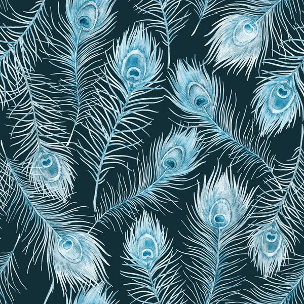 Beautiful seamless pattern with watercolor hand drawn blue peacock feathers. Stock illustration. — Stock Photo, Image