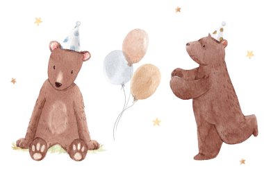 Şirin suluboya el çizimi ayı ailesi ile güzel bir stok çizimi. Doğum günü partisi.