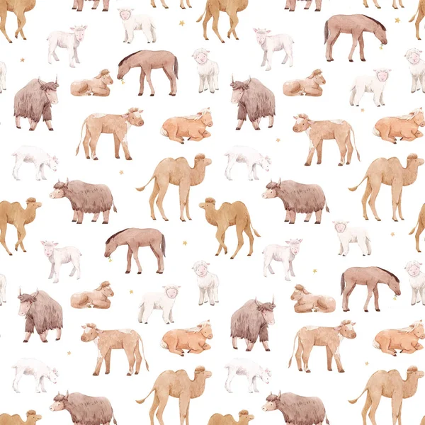 Beautiful seamless pattern with cute watercolor hand drawn wild animals. Horse camel cow yak families. Stock illustration. — Stock Photo, Image