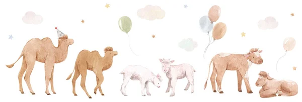 Όμορφη εικονογράφηση αρχείου με το σύνολο των χαριτωμένων ακουαρέλα ζωγραφισμένα ζώα στο πάρτι birthaday. — Φωτογραφία Αρχείου
