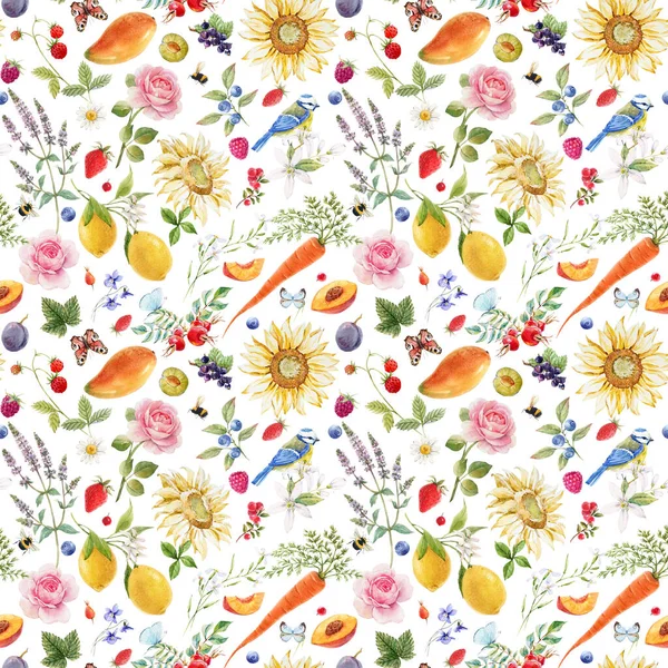 Krásný bezešvé letní vzor s akvarely květin a citrónové hrušky pomerančové mango ovoce. Stock illustration. — Stock fotografie