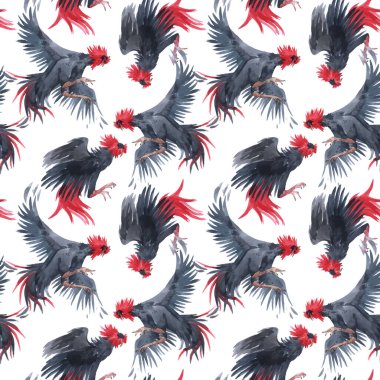 Elle çizilmiş suluboya siyah horozlarla güzel, pürüzsüz bir desen. Stok illüstrasyonu.