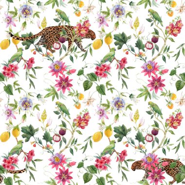 Güzel vektörsüz tropikal desenli suluboya orman çiçekleri. Stok illüstrasyonu.