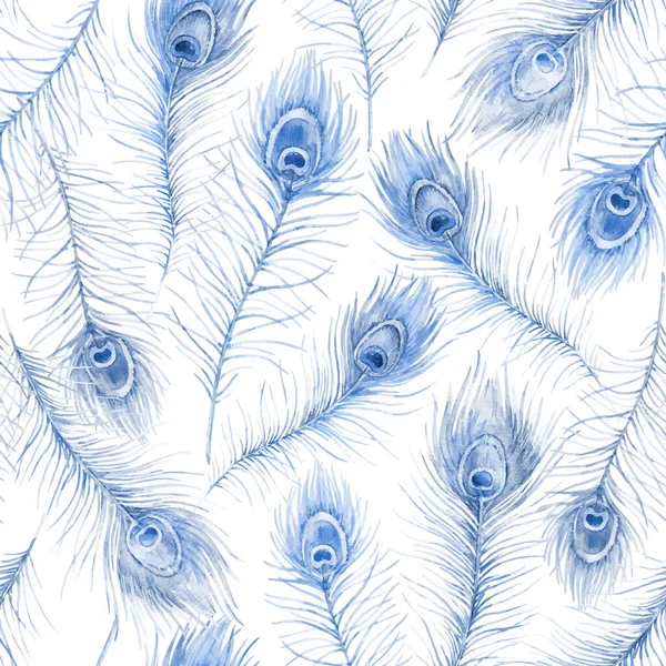 Beautiful Seamless Pattern Watercolor Blue Feathers Stock Illustration — Vector de stock