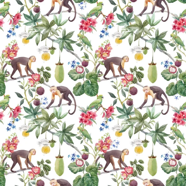 Krásný Vektor Bezešvé Tropické Květinový Vzor Roztomilou Akvarel Opice Exotické — Stockový vektor