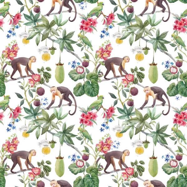 Magnifique Motif Floral Tropical Sans Couture Vectoriel Avec Mignon Singe — Image vectorielle