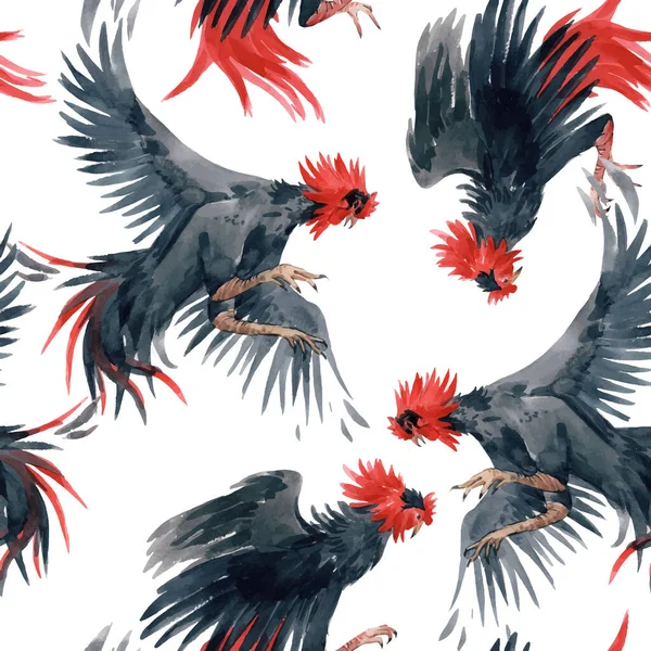 Όμορφη Διάνυσμα Αδιάλειπτη Μοτίβο Ζωγραφισμένα Στο Χέρι Ακουαρέλα Μαύρο Κόκορες — Διανυσματικό Αρχείο
