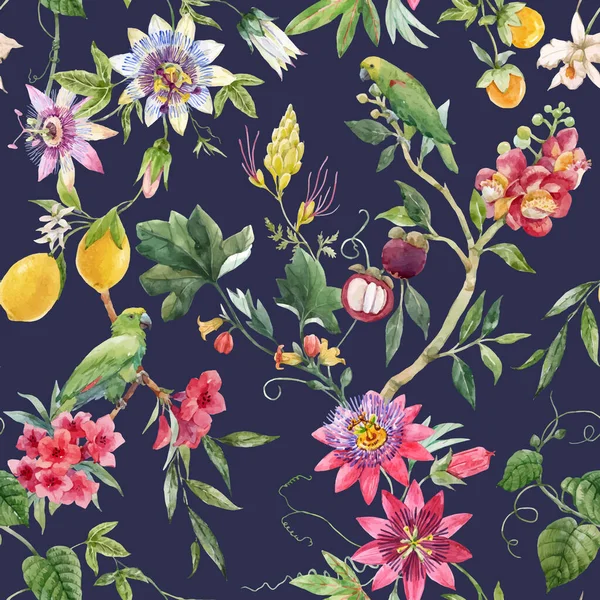 Belo Vetor Sem Costura Padrão Floral Tropical Com Aquarela Flores — Vetor de Stock