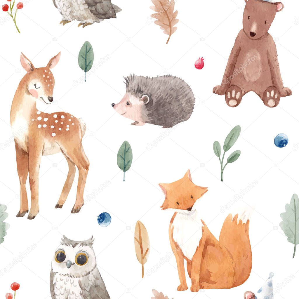Beautiful vector seamless pattern with cute watercolor wild animals. Stock illustration.