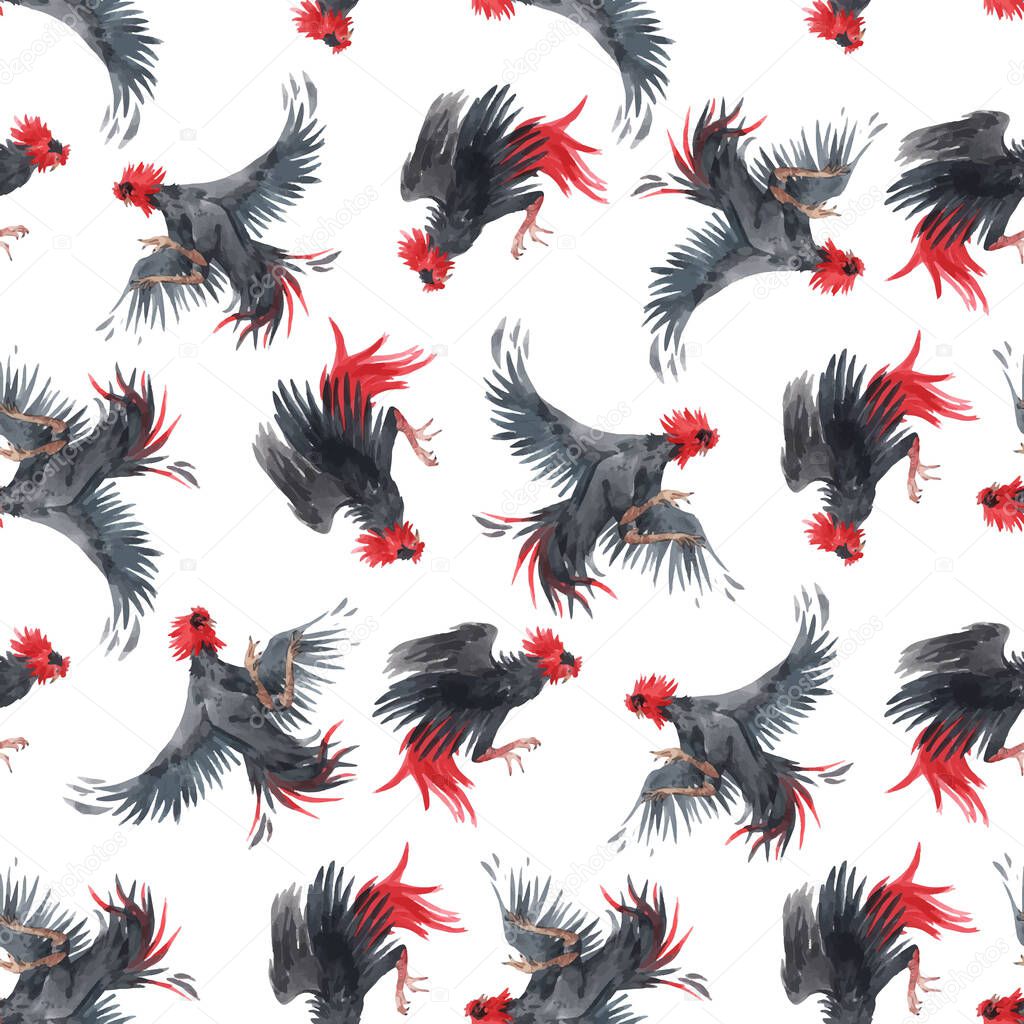 Beautiful vector seamless pattern with hand drawn watercolor black roosters. Stock illustration.