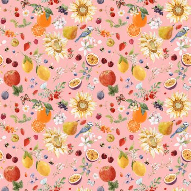 Güzel vektör, elle çizilmiş suluboya çiçekleri ve limon armudu portakallı mango meyveleriyle kusursuz bir yaz şablonu oluşturdu. Stok illüstrasyonu.