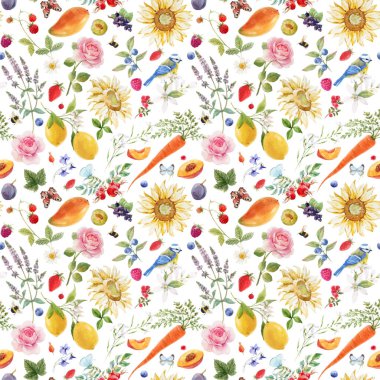 Beautiful vector autotraced seamless summer pattern with hand drawn watercolor flowers and lemon pear orange mango fruits. Stock illustration.