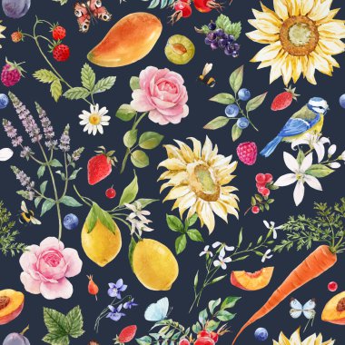 Beautiful vector autotraced seamless summer pattern with hand drawn watercolor flowers and lemon pear orange mango fruits. Stock illustration.