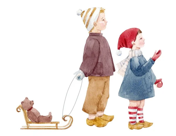 Hermosa imagen de Navidad con lindos niños acuarela dibujada a mano con trineo. Ilustración general. —  Fotos de Stock