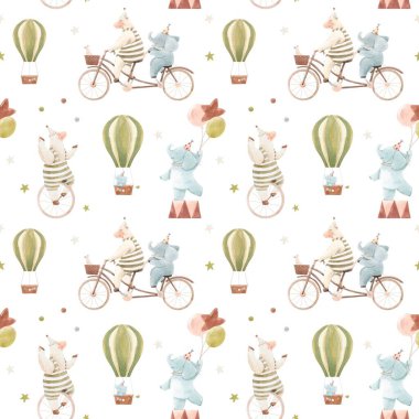 Şirin suluboya elle çizilmiş sirk hayvanları olan kusursuz desenli güzel çocuklar. Tek tekerlekli bisiklete binen koyunlar, balonlu bebek filler. Stok illüstrasyonu.