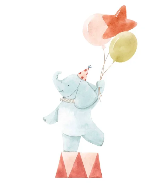 Beautiful children illustration with cute watercolor hand drawn circus animal. Baby elephant with air balloons. Stock illustration. — Stock Photo, Image