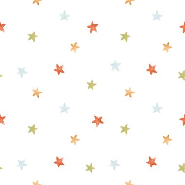 Tatlı suluboya el çizimi yıldızlı güzel çocuk eşliğinde kusursuz bir desen. Stok illüstrasyonu.