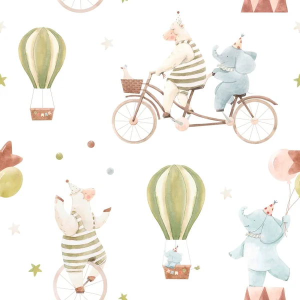Beautiful children seamless pattern with cute watercolor hand drawn circus animals. Sheep juggle on unicycle, baby elephant with air balloons. Stock illustration. — Stock Photo, Image