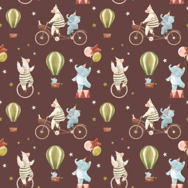 Şirin suluboya elle çizilmiş sirk hayvanları olan kusursuz desenli güzel çocuklar. Tek tekerlekli bisiklete binen koyunlar, balonlu bebek filler. Stok illüstrasyonu.