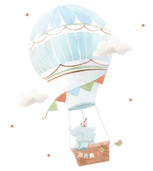 Mooie kinderen compositie met schattige aquarel hand getrokken baby olifant op luchtballon. Voorraadillustratie. — Stockfoto