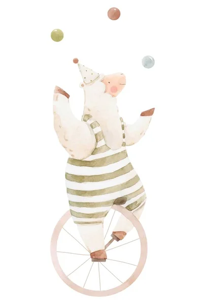 Piękny obraz z cute akwarela ręcznie narysowane zwierzę cyrkowe. Żonglowanie owcami na jednokołowcu. Ilustracja zapasów dla kart urodzinowych. — Zdjęcie stockowe