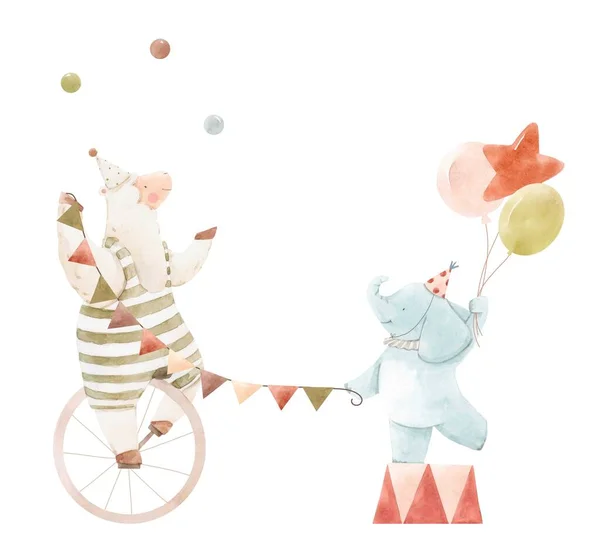 Beautiful composition with cute watercolor hand drawn circus animals. Sheep juggle on unicycle, baby elephant with air balloons. Stock illustration.