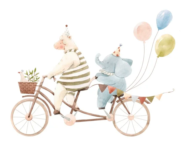 Schöne Kinderkomposition mit niedlichen, von Hand gezeichneten Zirkustieren. Schafe und Elefantenbaby auf dem Fahrrad mit Luftballons. Archivbild. — Stockfoto