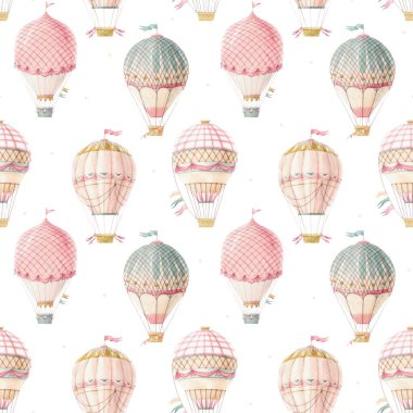 Güzel, pürüzsüz desenli, suluboya elle çizilmiş bayraklı antika hava balonları. Stok illüstrasyonu.