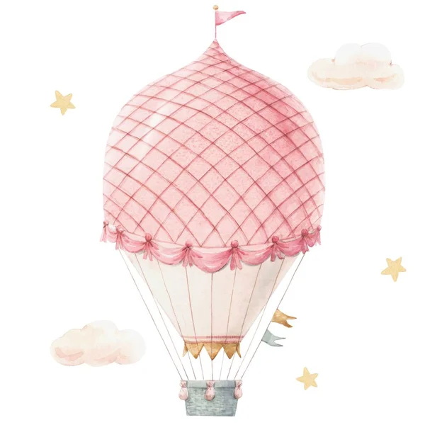 Imagem bonita com mão aquarela bonito desenhado retro balão de ar vintage com bandeiras. Ilustração das existências. — Fotografia de Stock