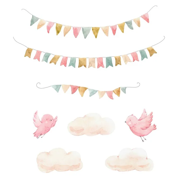 Bellissimo set con carino acquerello disegnato a mano bandiere uccelli e nuvole. Illustrazione stock clip art — Foto Stock