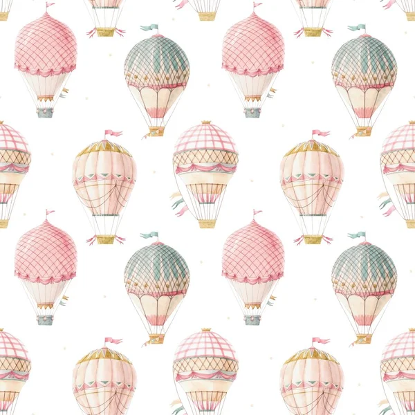 Vackert sömlöst mönster med söta akvarellhanddragna retrovintage luftballonger med flaggor. Lagerillustration. — Stockfoto