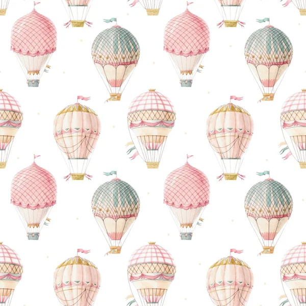 Piękny bezszwowy wzór z cute ręcznie rysowane akwarela retro vintage balony powietrza z flagami. Ilustracja. — Zdjęcie stockowe