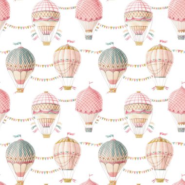 Güzel, pürüzsüz desenli, suluboya elle çizilmiş bayraklı antika hava balonları. Stok illüstrasyonu.