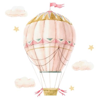 Güzel bir resim, suluboya elle çizilmiş bayraklı antika hava balonu. Stok illüstrasyonu.