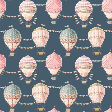 Güzel, pürüzsüz desenli, suluboya elle çizilmiş bayraklı antika hava balonları. Stok illüstrasyonu.