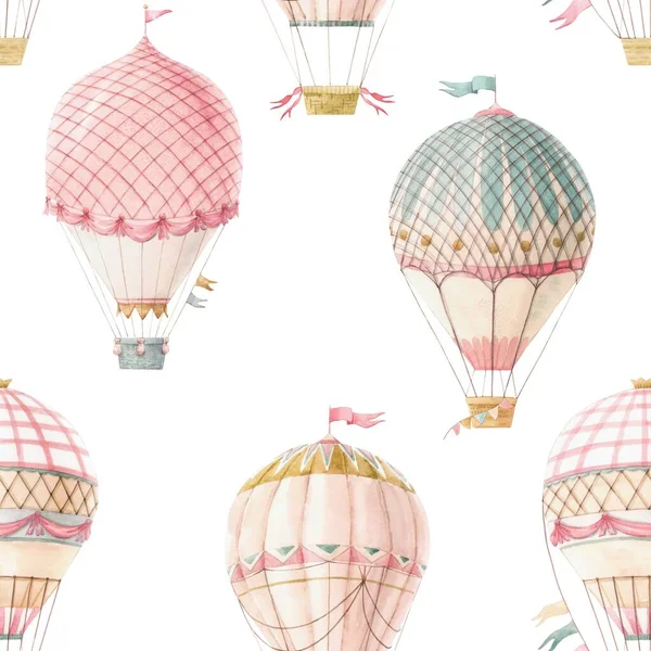 Bellissimo modello senza soluzione di continuità con carino acquerello disegnato a mano retrò palloncini d'aria vintage con bandiere. Illustrazione delle scorte. — Foto Stock