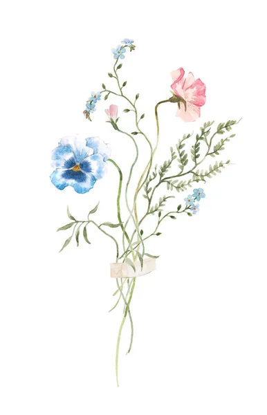 Bella illustrazione stock con acquerello disegnato a mano delicati fiori di campo. Composizione floreale. — Foto Stock