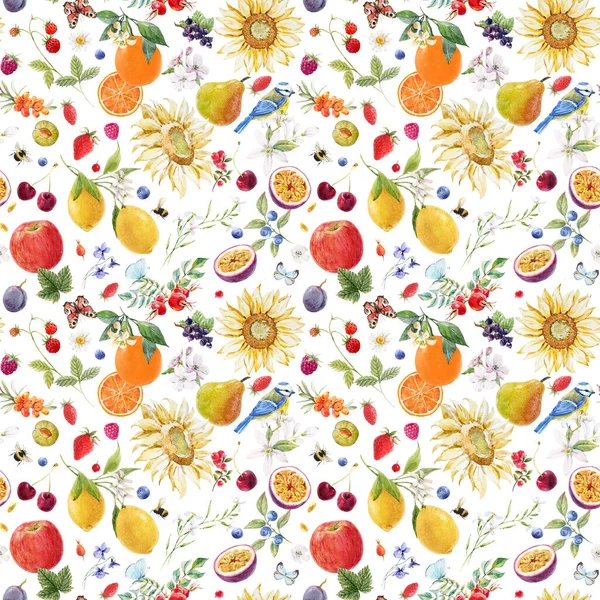 Su boyası çiçekleri ve limon armudu portakallı mango meyveleriyle kusursuz bir yaz deseni. Stok illüstrasyonu.