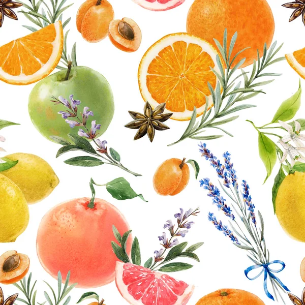 美丽无缝的夏季图案与水色绿色和柠檬苹果橙柚子水果。库存说明. — 图库照片