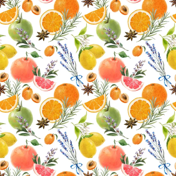 Schöne nahtlose Sommermuster mit Aquarellgrün und Zitronenapfel Orange Grapefruit Früchte. Archivbild. — Stockfoto