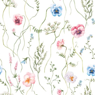 Elle çizilmiş suluboya narin bahar çiçekleriyle kusursuz bir çiçek deseni. Stok illüstrasyonu.