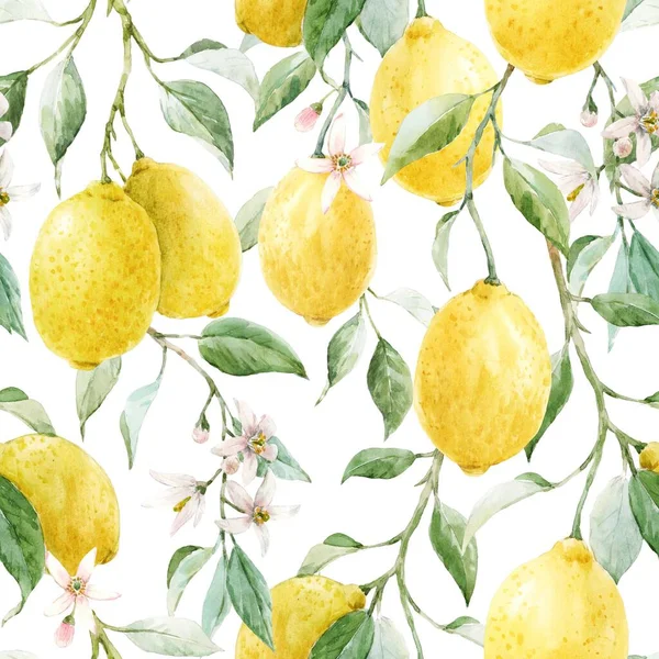 Hermoso Patrón Sin Costuras Con Acuarela Limones Amarillos Flores Ilustración — Foto de Stock