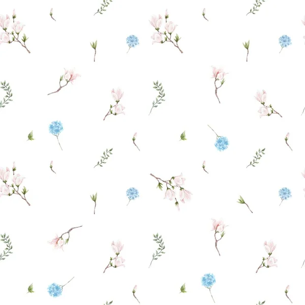 Schöne Nahtlose Muster Mit Sanften Aquarell Rosa Magnolie Und Blauen — Stockfoto